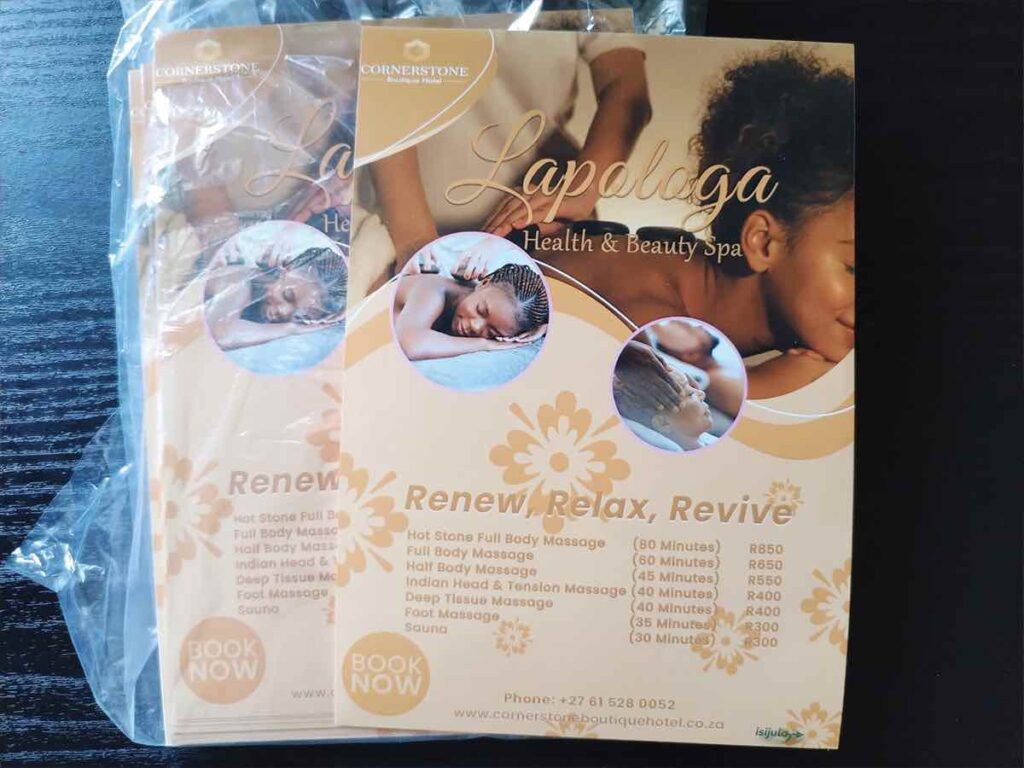 BrandXellence Design Services Flyer for Cornerstone Boutique Hotel Spa and Massage Services